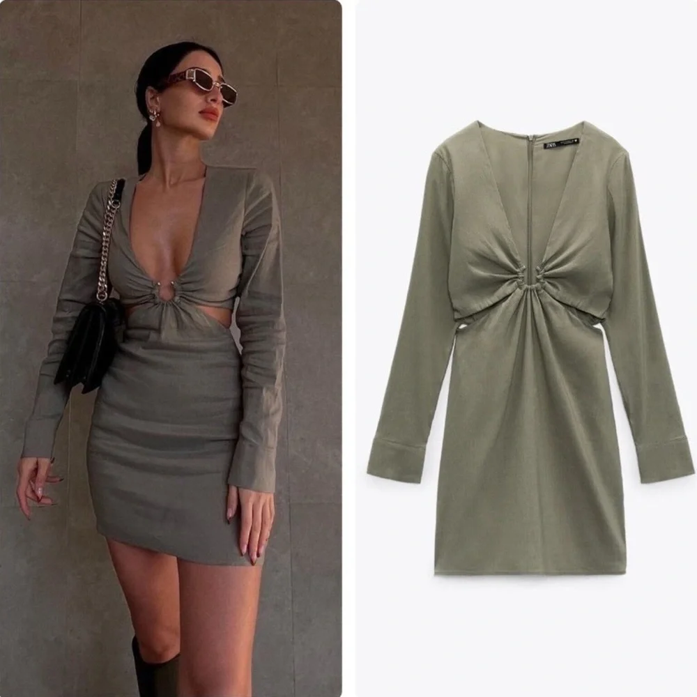 Zara * Stretchy Linen Blend Short Mini Dress Cut Out Green Olive L